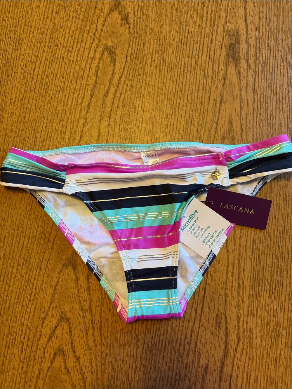 LASCANA Women's Striped Bikini Bottom - Pink, Aqua, Navy & White Size 4